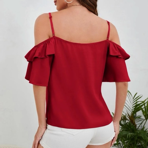 Boho cold shoulder knot front ruffle hem blouse - Picture 3 of 16